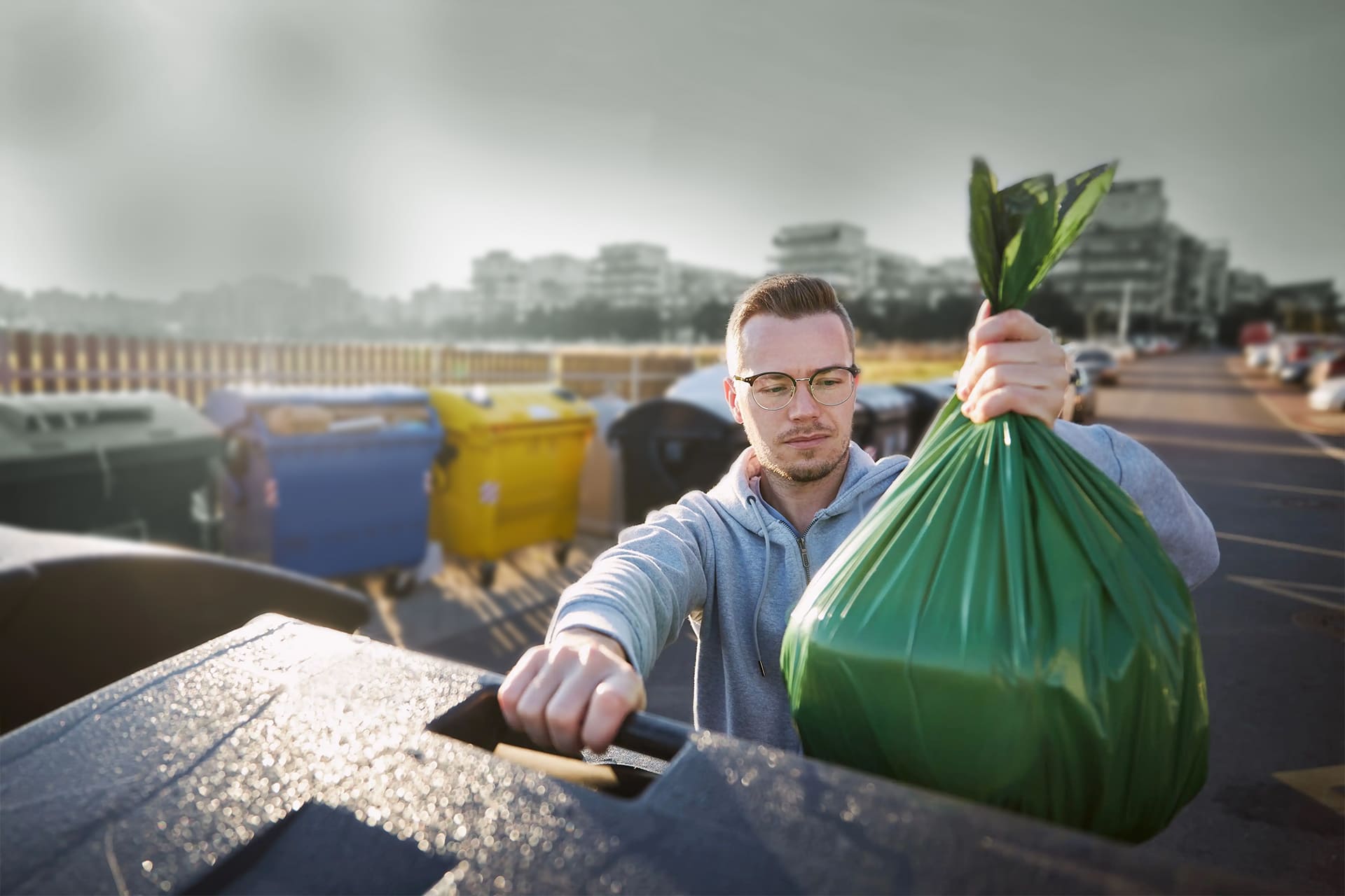 Waste and Disposal WordPress theme for slider Modern waste disposal truck and bins ready for residential pickup